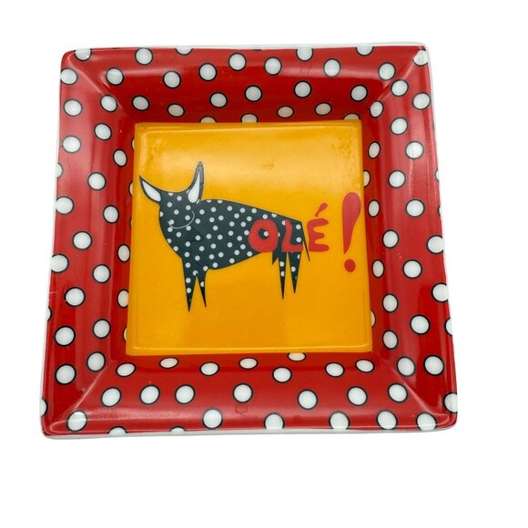 Aldeasa Other - Vtg Aldeasa Ceramic Bull Square Tray Olé! Red Yellow Polka Dot Spanish Plate